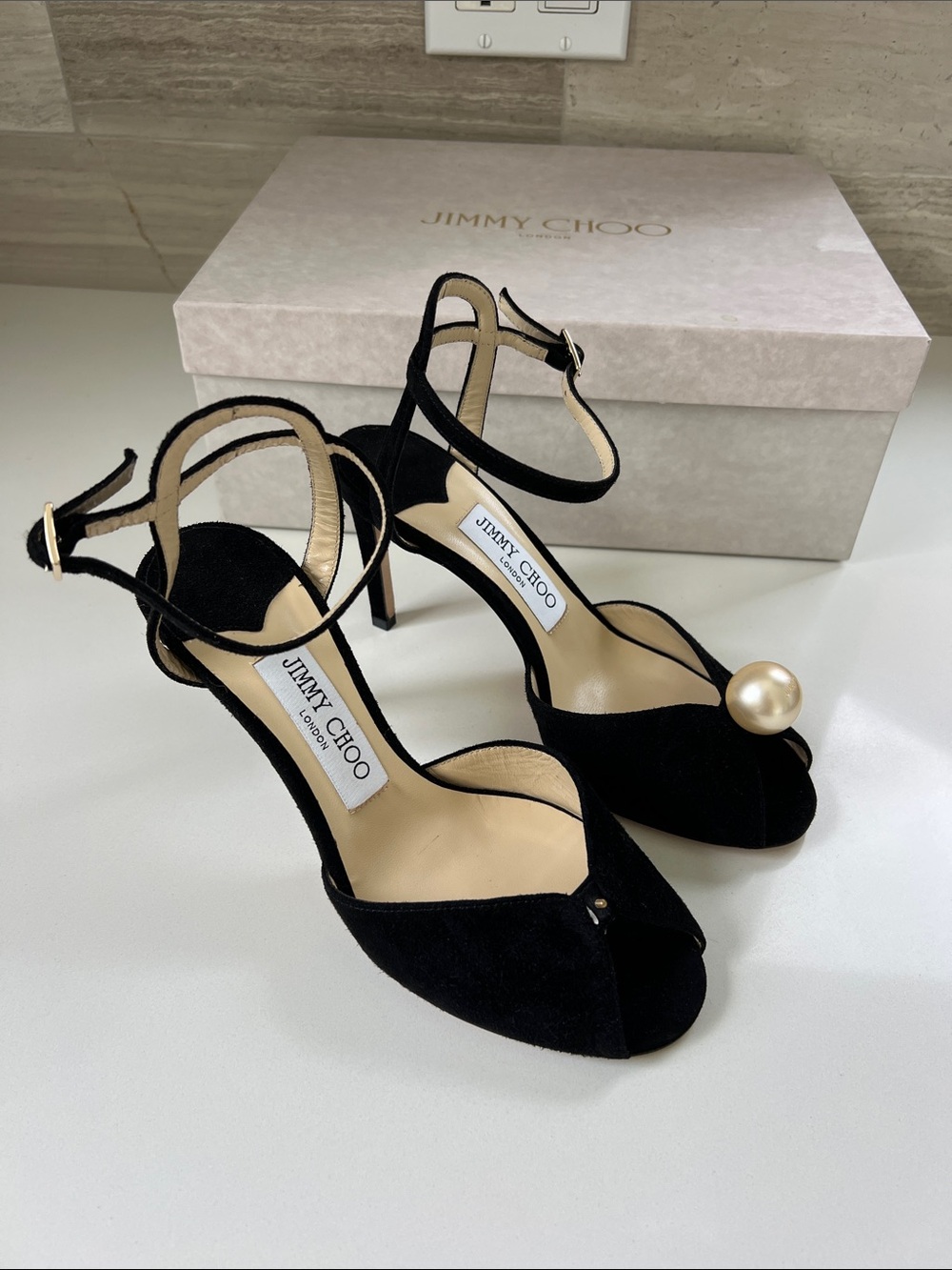 Jimmy Choo sacora 85 black suede open toe heels faux pearl MISSING 36